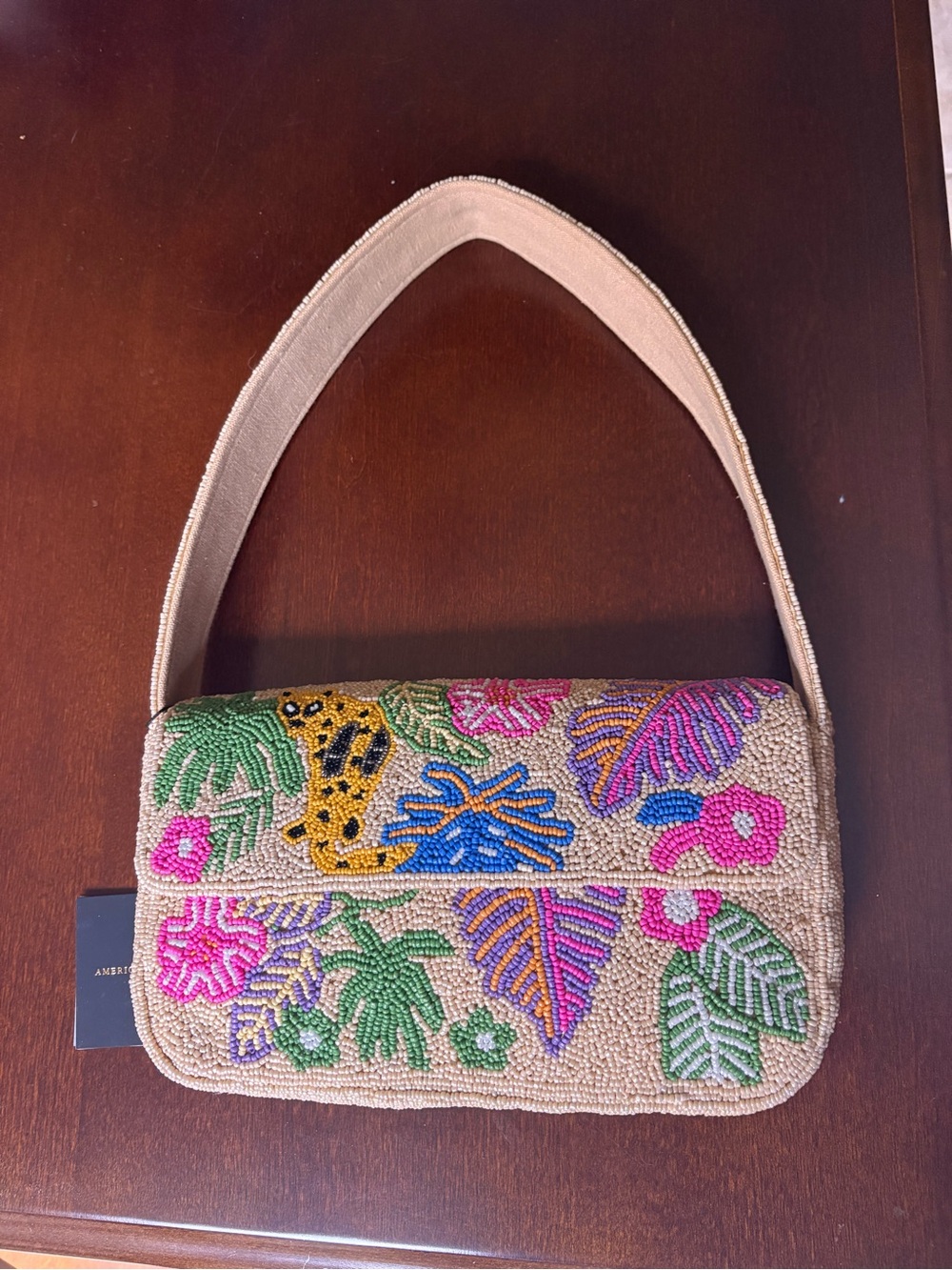 Beaded Beige Shoulder Bag with Tropical Embroidery